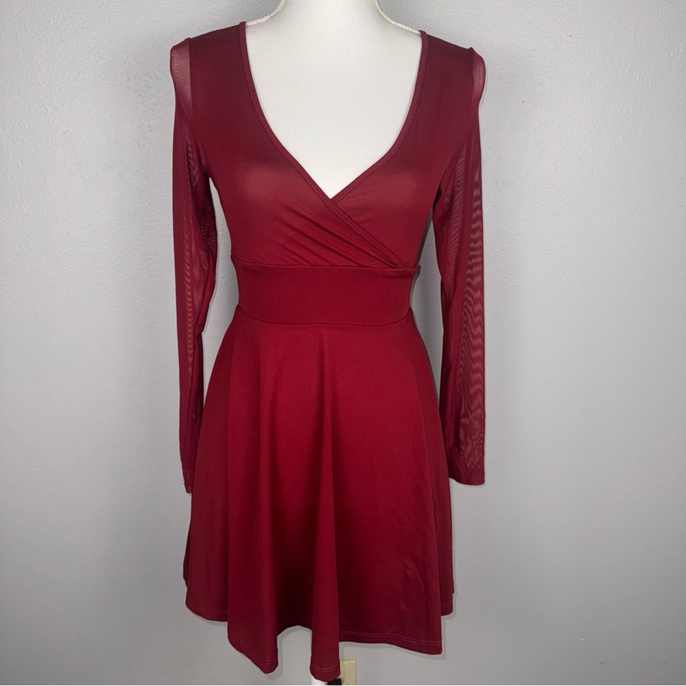 Womens XS Mini Dress Burgundy V-Neck Polyester Elastane Sheer Long Sleeves Shein